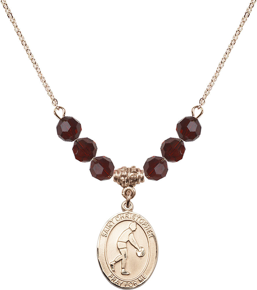 14kt Gold Filled Saint Christopher/Basketball Birthstone Necklace with Garnet Beads - 8153
