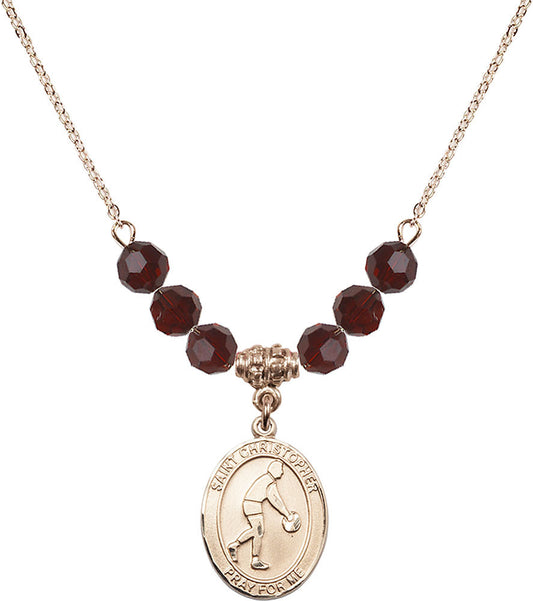 14kt Gold Filled Saint Christopher/Basketball Birthstone Necklace with Garnet Beads - 8153