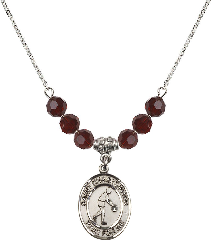 Sterling Silver Saint Christopher/Basketball Birthstone Necklace with Garnet Beads - 8153