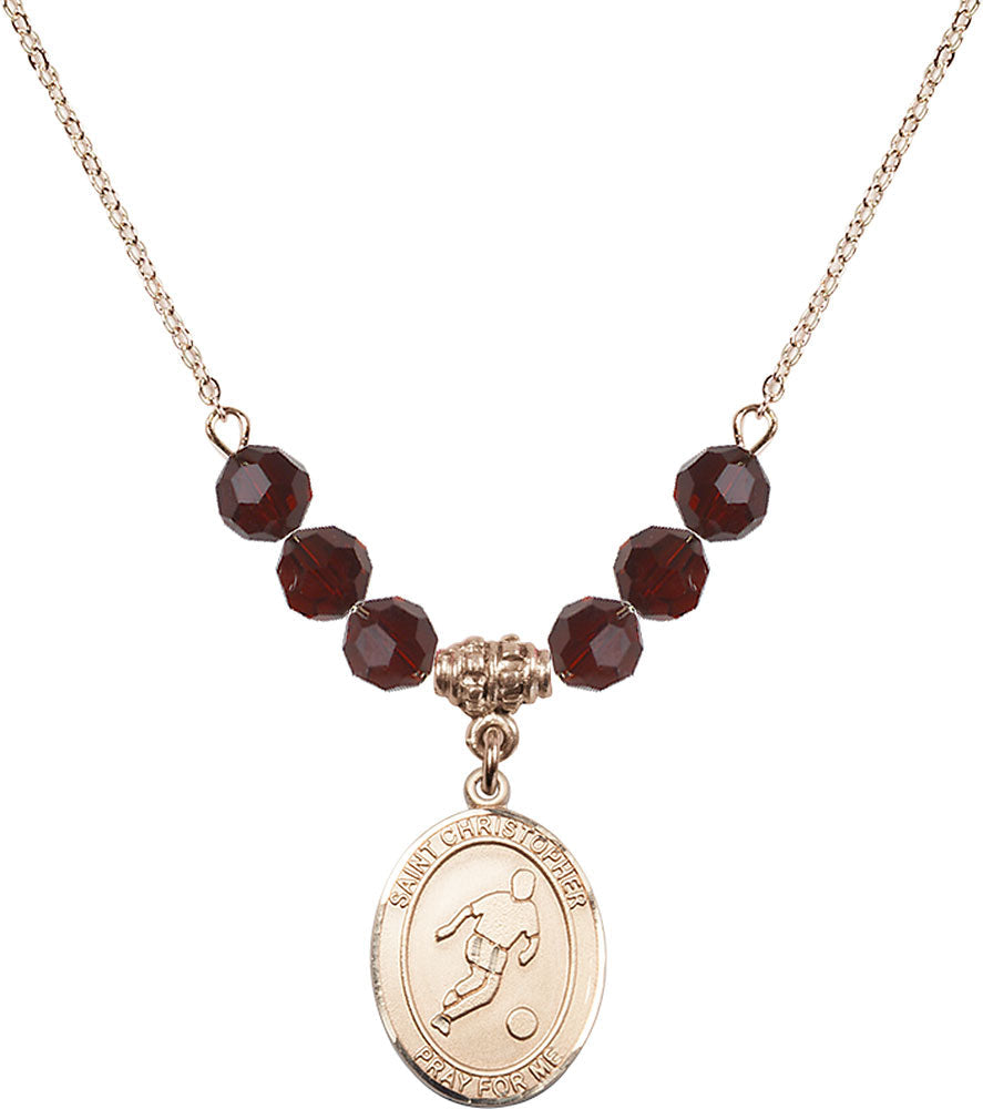 14kt Gold Filled Saint Christopher/Soccer Birthstone Necklace with Garnet Beads - 8154
