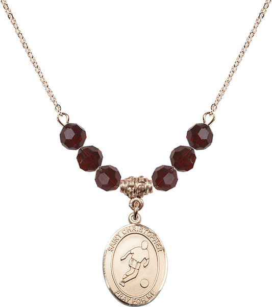 14kt Gold Filled Saint Christopher/Soccer Birthstone Necklace with Garnet Beads - 8154