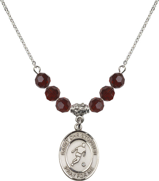 Sterling Silver Saint Christopher/Soccer Birthstone Necklace with Garnet Beads - 8154