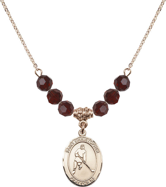 14kt Gold Filled Saint Christopher/Ice Hockey Birthstone Necklace with Garnet Beads - 8155