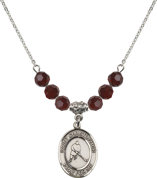 Sterling Silver Saint Christopher/Ice Hockey Birthstone Necklace with Garnet Beads - 8155