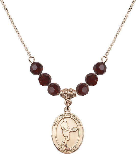 14kt Gold Filled Saint Christopher/Tennis Birthstone Necklace with Garnet Beads - 8156
