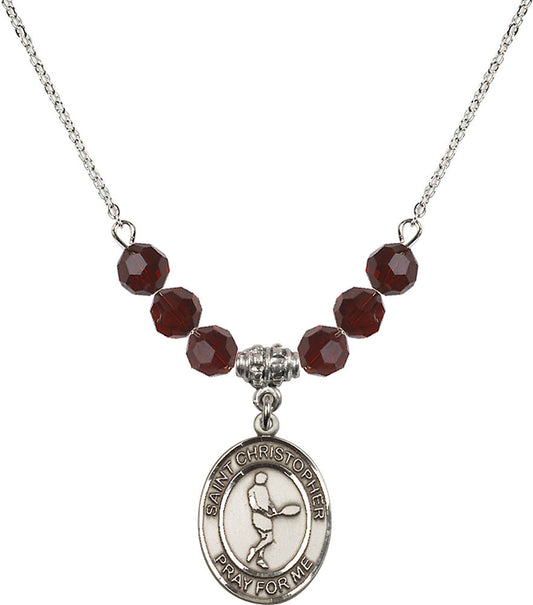 Sterling Silver Saint Christopher/Tennis Birthstone Necklace with Garnet Beads - 8156