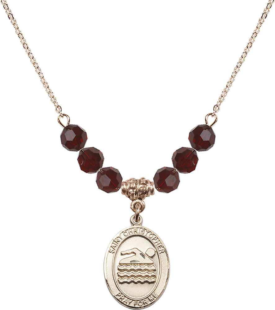 14kt Gold Filled Saint Christopher/Swimming Birthstone Necklace with Garnet Beads - 8157