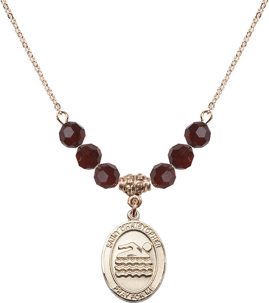 14kt Gold Filled Saint Christopher/Swimming Birthstone Necklace with Garnet Beads - 8157