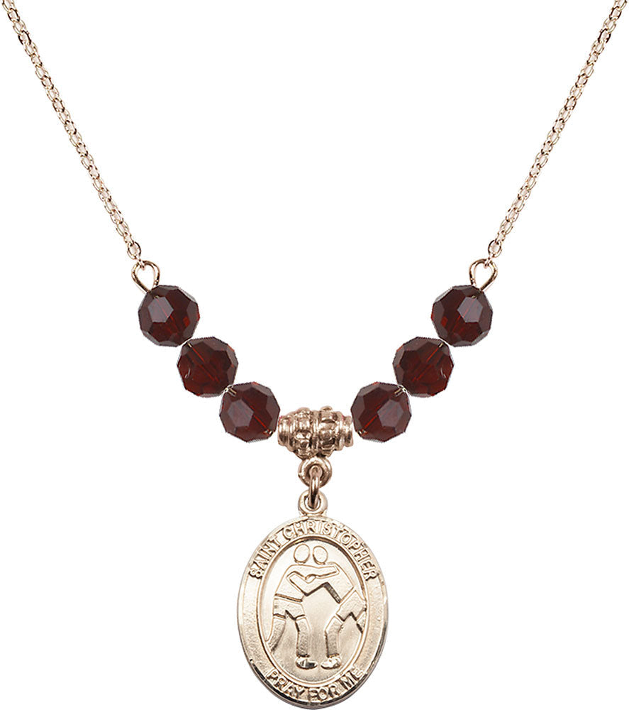 14kt Gold Filled Saint Christopher/Wrestling Birthstone Necklace with Garnet Beads - 8159
