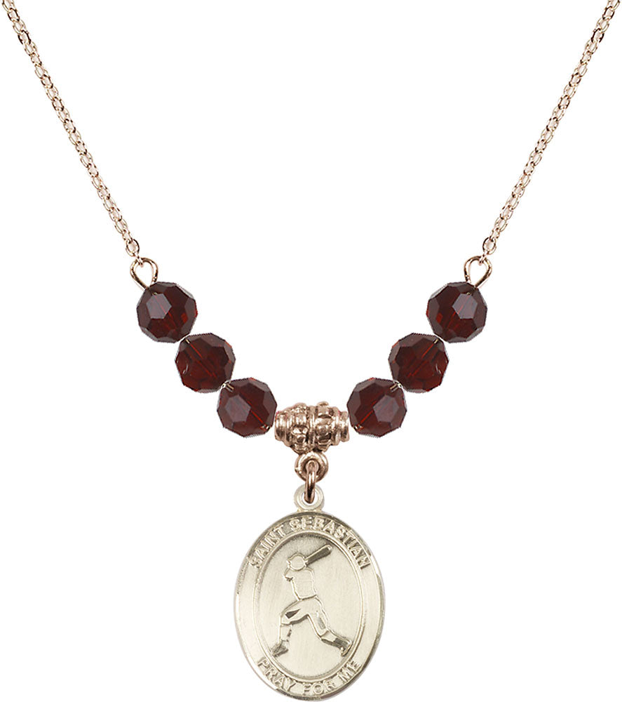 14kt Gold Filled Saint Sebastian/Baseball Birthstone Necklace with Garnet Beads - 8160