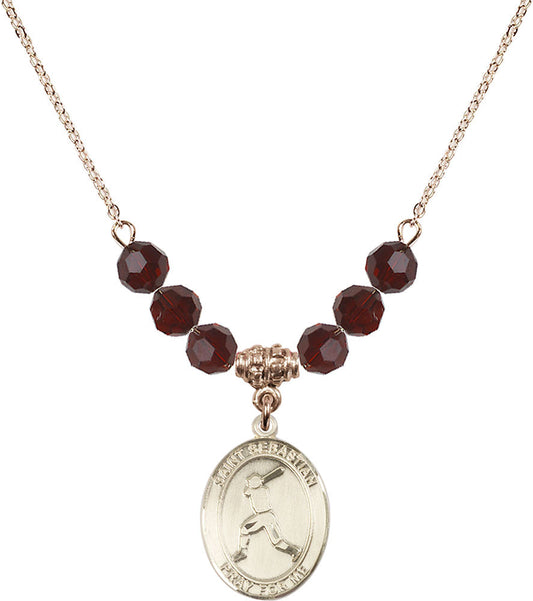 14kt Gold Filled Saint Sebastian/Baseball Birthstone Necklace with Garnet Beads - 8160