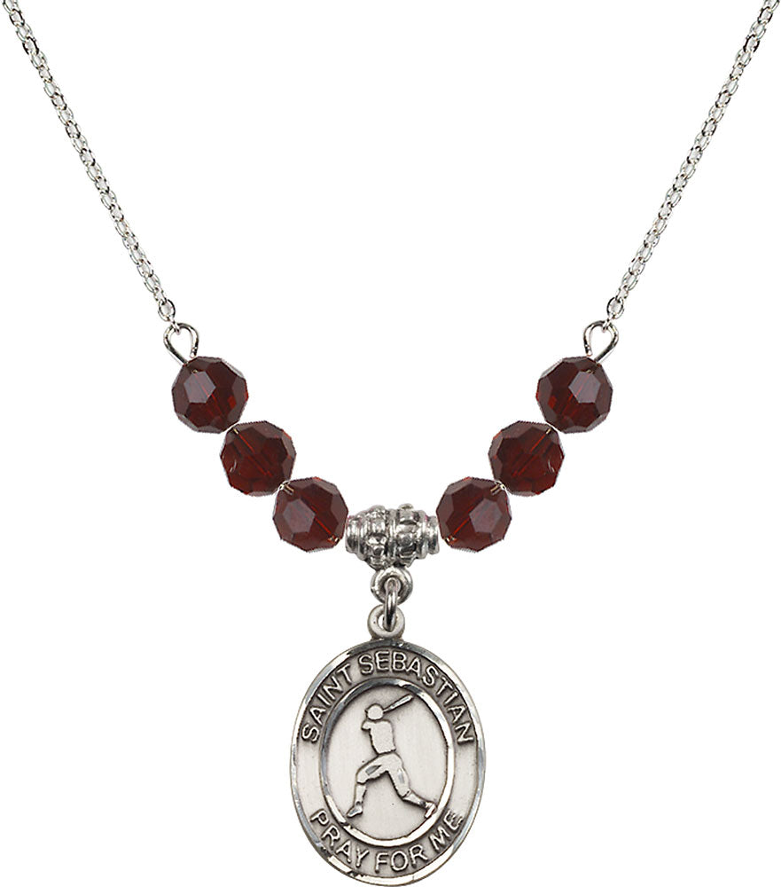 Sterling Silver Saint Sebastian/Baseball Birthstone Necklace with Garnet Beads - 8160