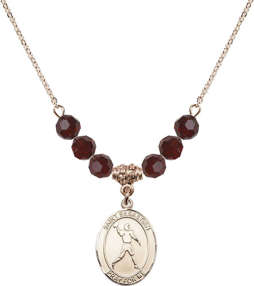 14kt Gold Filled Saint Sebastian/Football Birthstone Necklace with Garnet Beads - 8161
