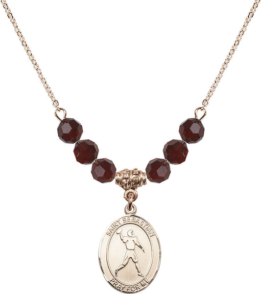 14kt Gold Filled Saint Sebastian/Football Birthstone Necklace with Garnet Beads - 8161