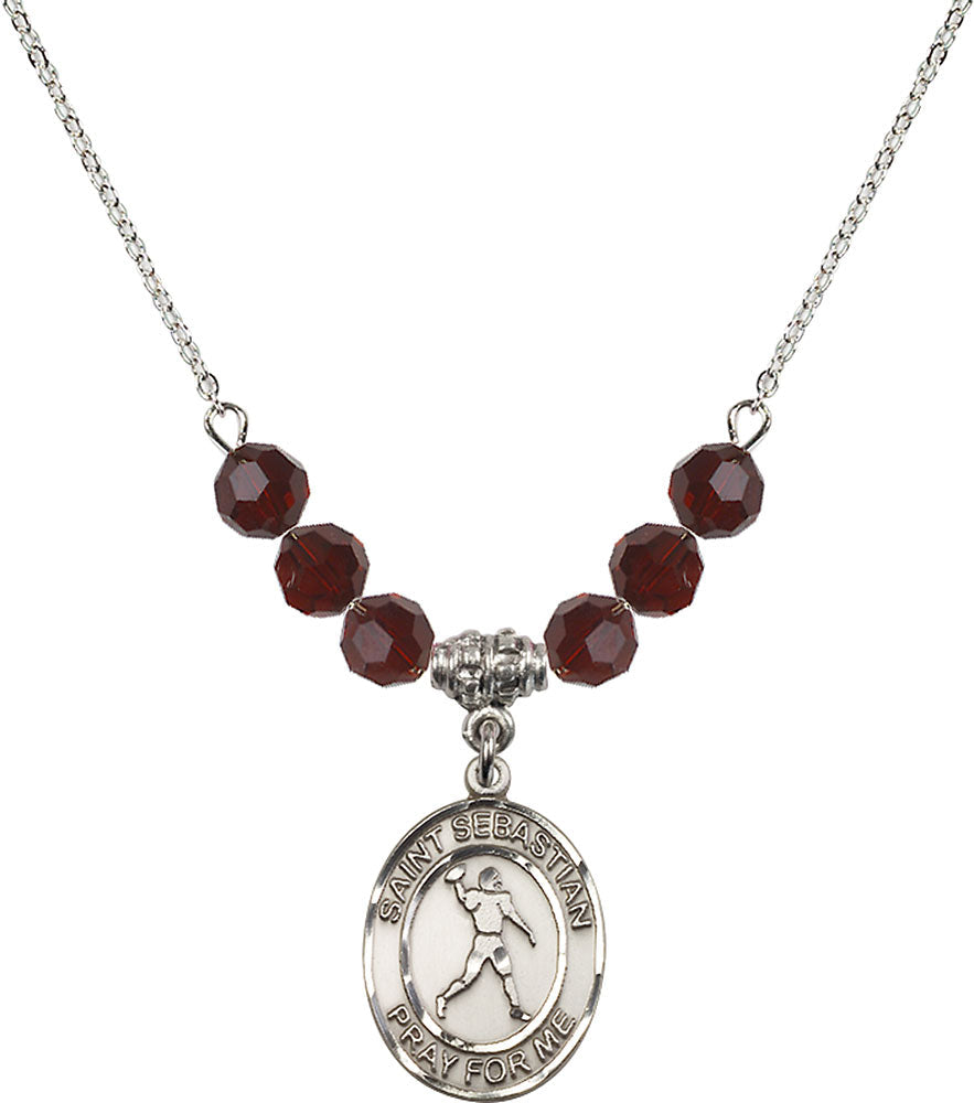 Sterling Silver Saint Sebastian/Football Birthstone Necklace with Garnet Beads - 8161