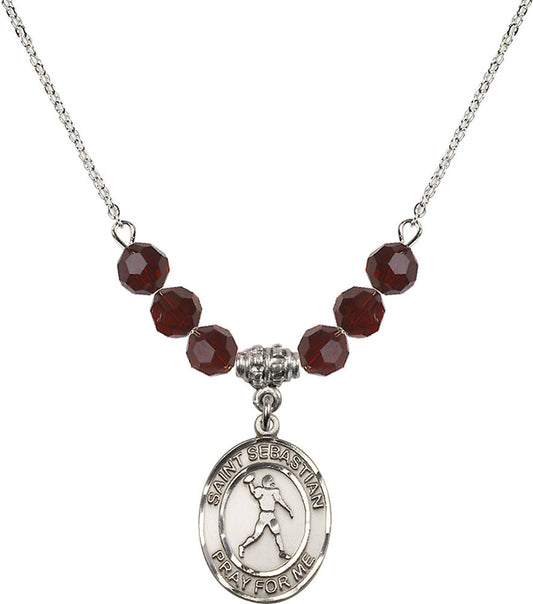 Sterling Silver Saint Sebastian/Football Birthstone Necklace with Garnet Beads - 8161