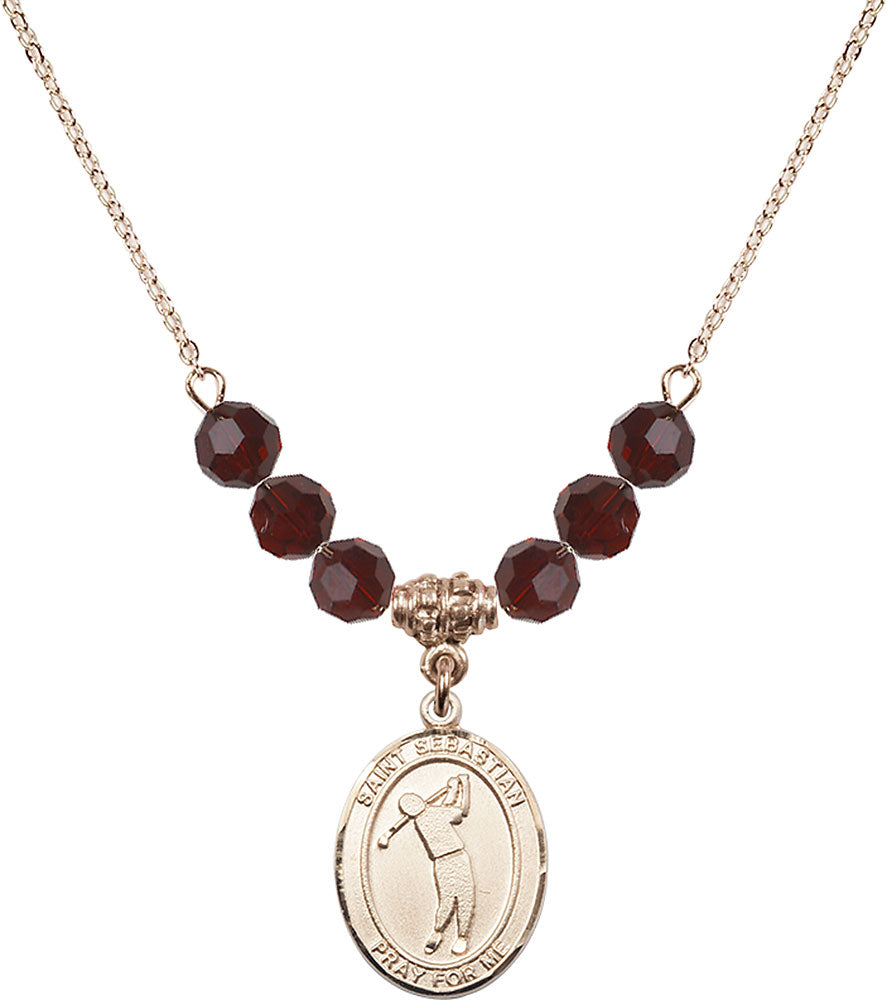 14kt Gold Filled Saint Sebastian/Golf Birthstone Necklace with Garnet Beads - 8162