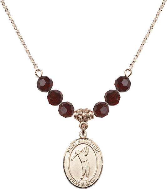 14kt Gold Filled Saint Sebastian/Golf Birthstone Necklace with Garnet Beads - 8162