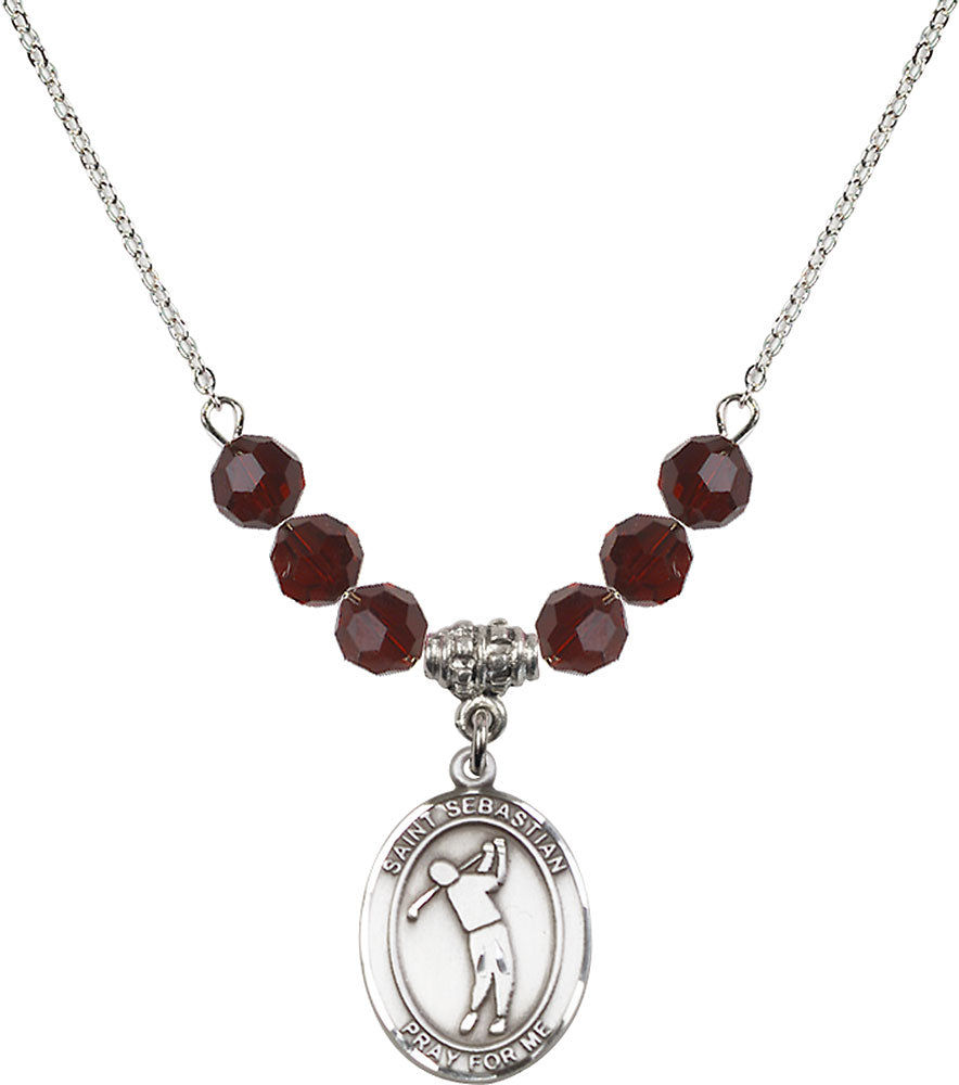 Sterling Silver Saint Sebastian/Golf Birthstone Necklace with Garnet Beads - 8162