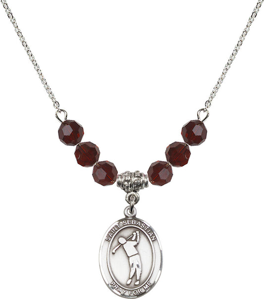Sterling Silver Saint Sebastian/Golf Birthstone Necklace with Garnet Beads - 8162