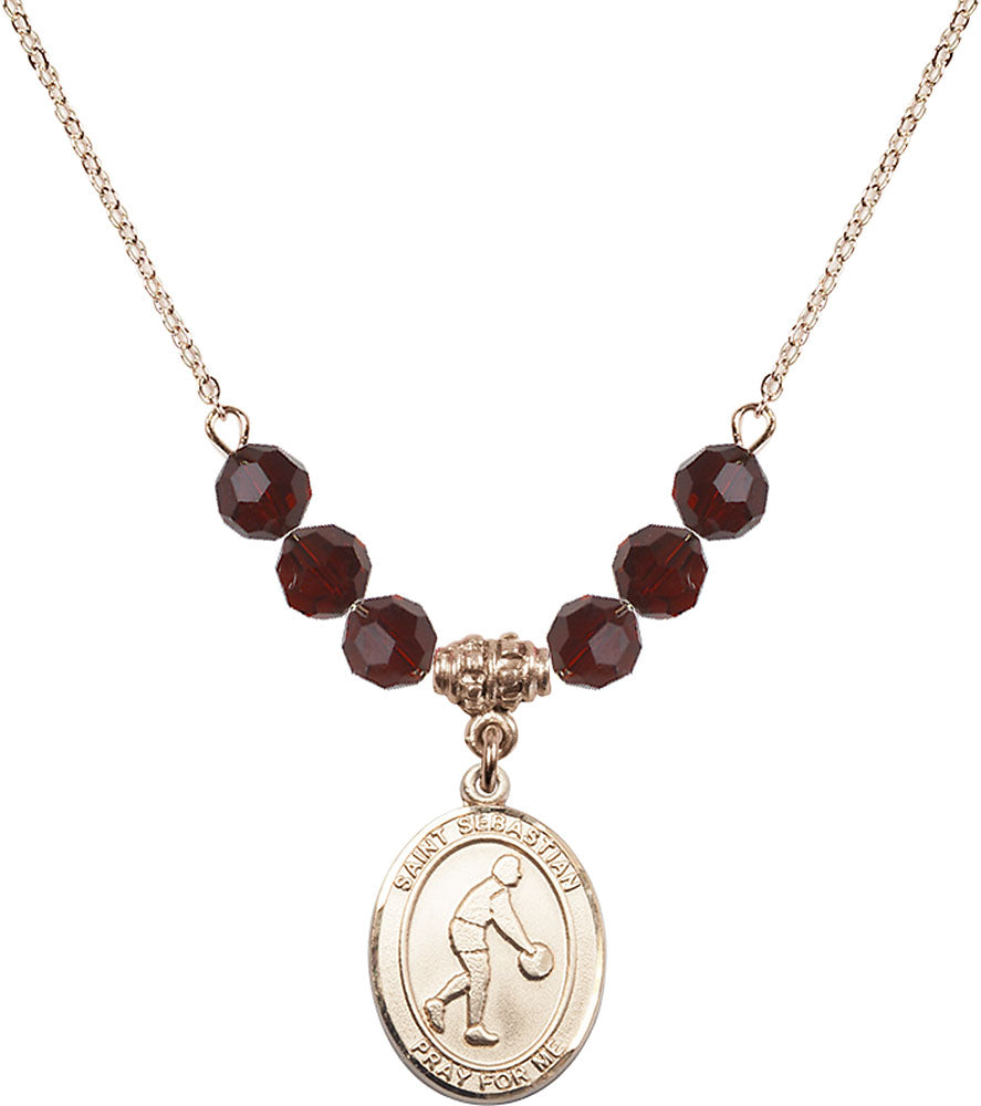 14kt Gold Filled Saint Sebastian/Basketball Birthstone Necklace with Garnet Beads - 8163