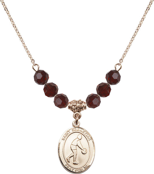 14kt Gold Filled Saint Sebastian/Basketball Birthstone Necklace with Garnet Beads - 8163