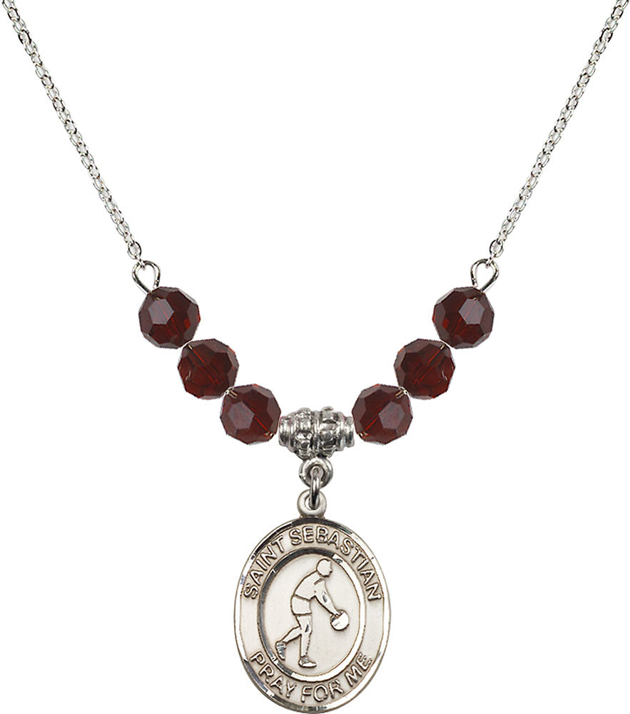 Sterling Silver Saint Sebastian/Basketball Birthstone Necklace with Garnet Beads - 8163
