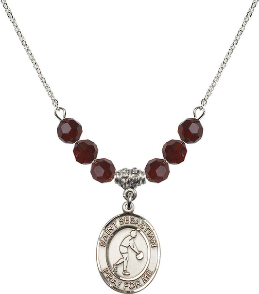 Sterling Silver Saint Sebastian/Basketball Birthstone Necklace with Garnet Beads - 8163