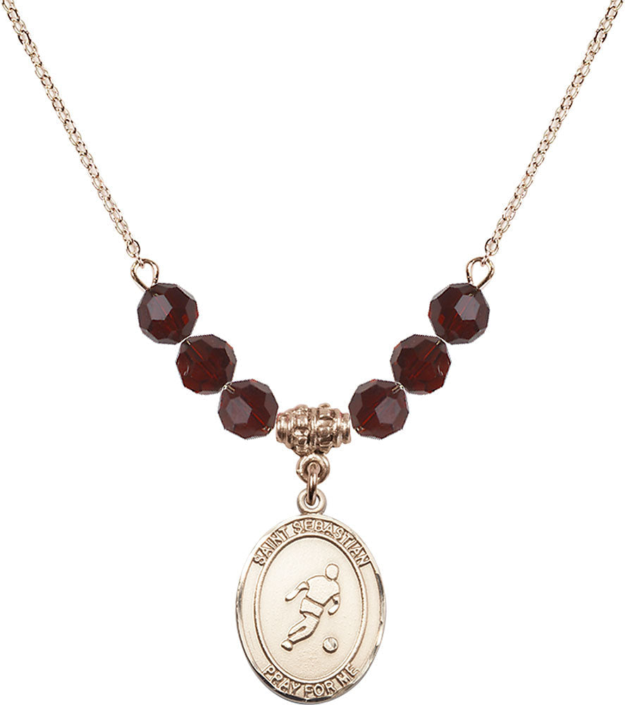 14kt Gold Filled Saint Sebastian/Soccer Birthstone Necklace with Garnet Beads - 8164
