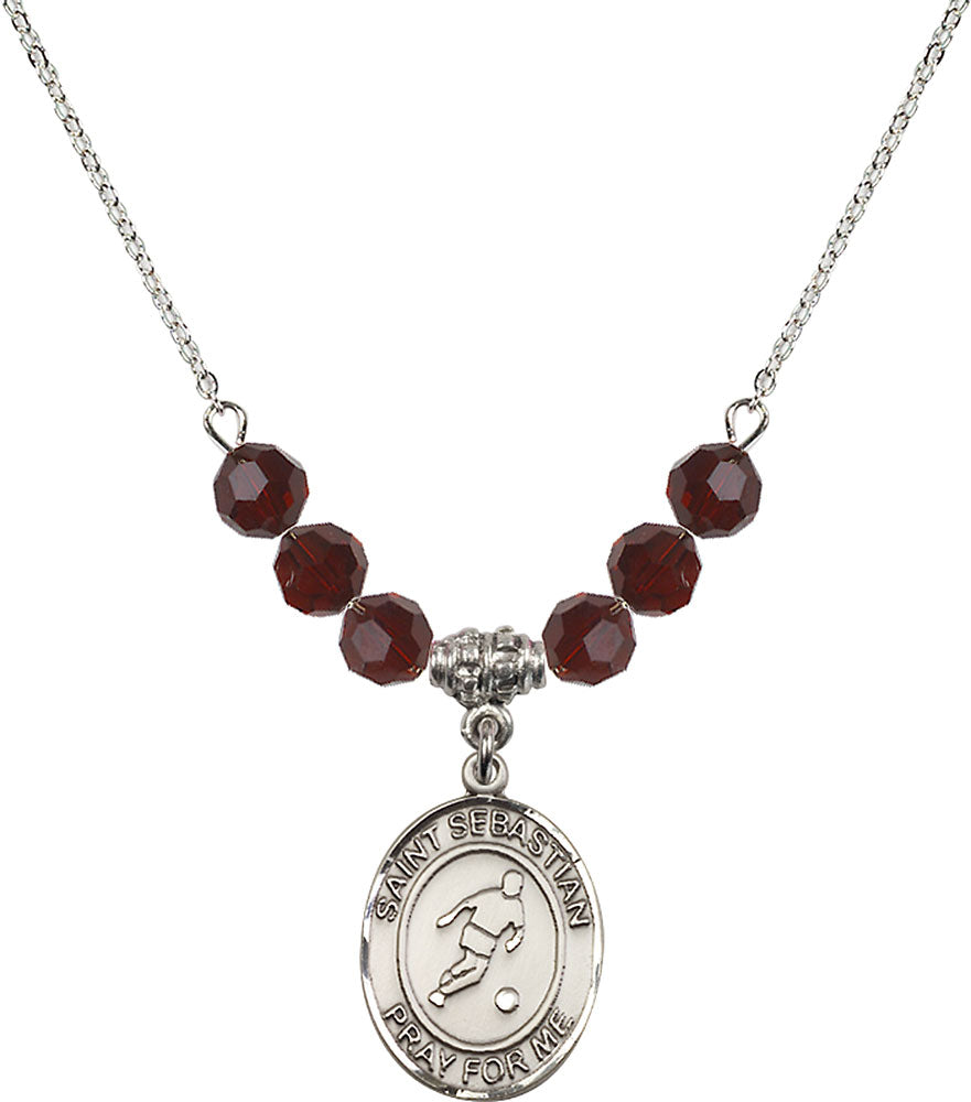 Sterling Silver Saint Sebastian/Soccer Birthstone Necklace with Garnet Beads - 8164