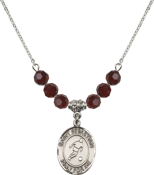 Sterling Silver Saint Sebastian/Soccer Birthstone Necklace with Garnet Beads - 8164