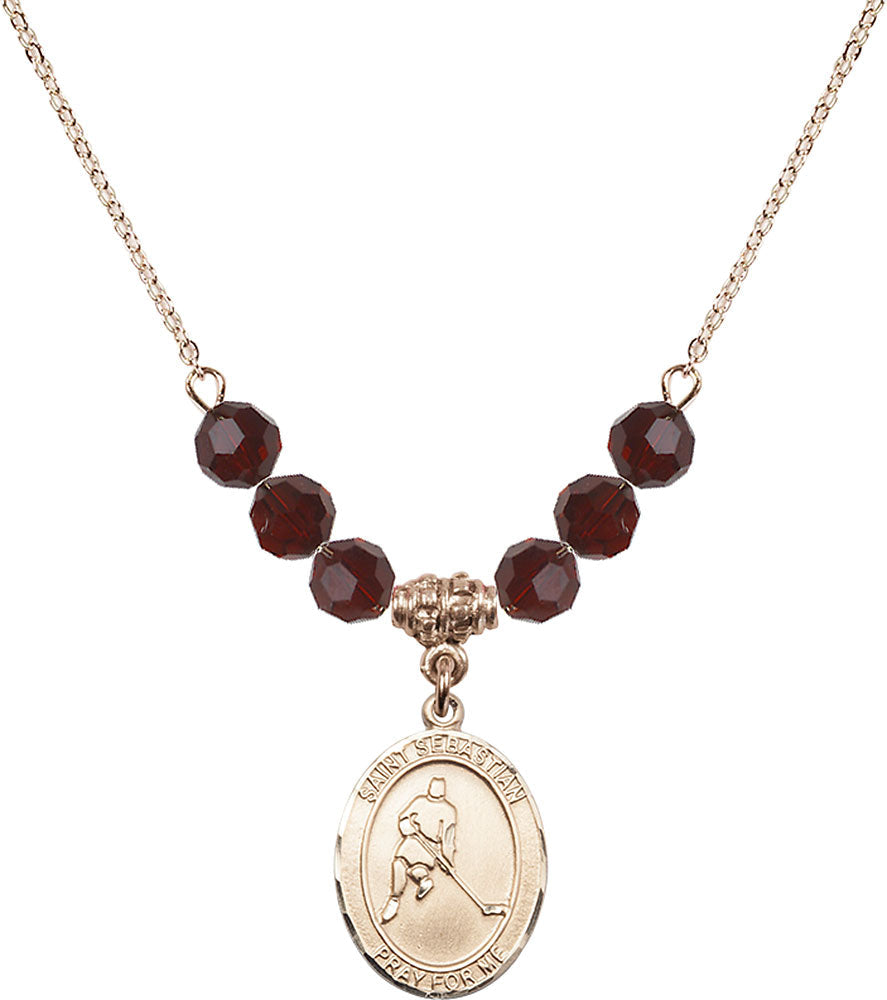 14kt Gold Filled Saint Sebastian/Ice Hockey Birthstone Necklace with Garnet Beads - 8165