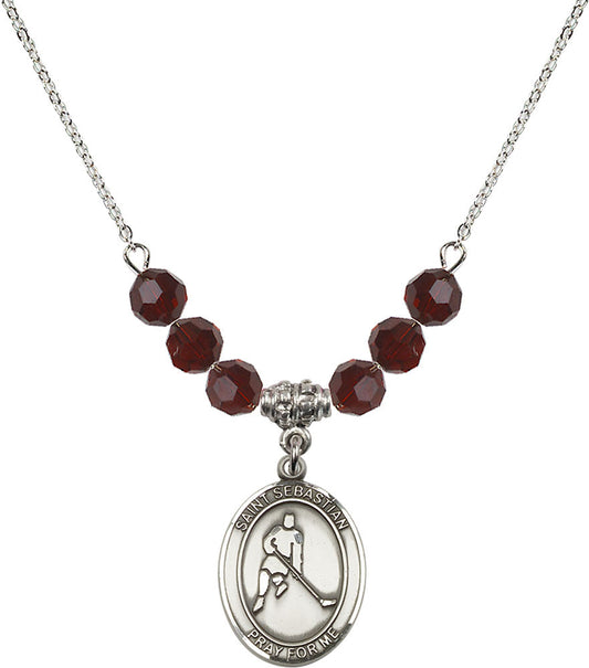 Sterling Silver Saint Sebastian/Ice Hockey Birthstone Necklace with Garnet Beads - 8165