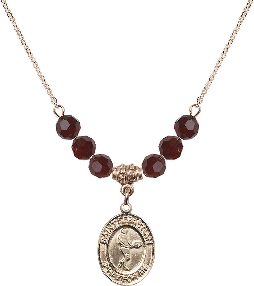 14kt Gold Filled Saint Sebastian/Tennis Birthstone Necklace with Garnet Beads - 8166