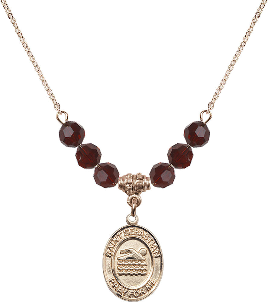 14kt Gold Filled Saint Sebastian/Swimming Birthstone Necklace with Garnet Beads - 8167