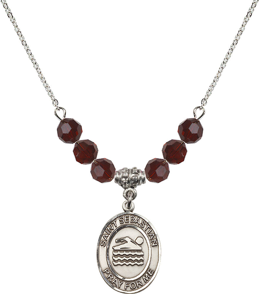 Sterling Silver Saint Sebastian/Swimming Birthstone Necklace with Garnet Beads - 8167