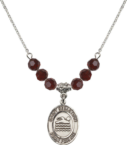 Sterling Silver Saint Sebastian/Swimming Birthstone Necklace with Garnet Beads - 8167
