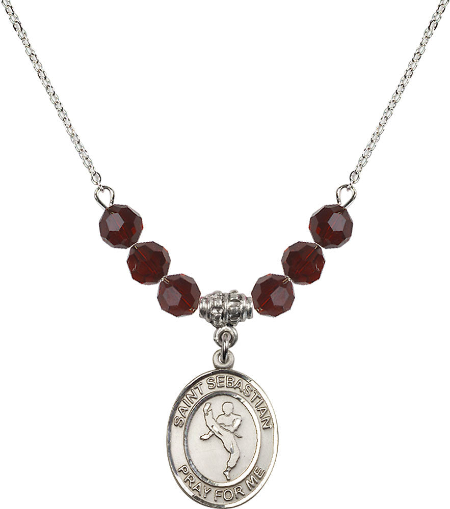 Sterling Silver Saint Sebastian/Martial Arts Birthstone Necklace with Garnet Beads - 8168