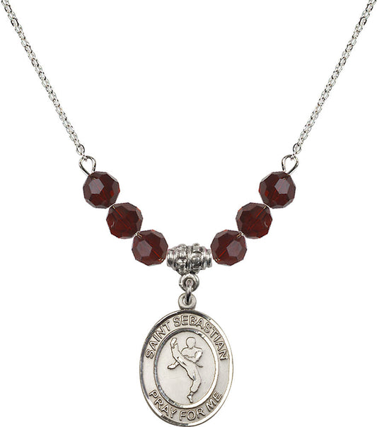Sterling Silver Saint Sebastian/Martial Arts Birthstone Necklace with Garnet Beads - 8168