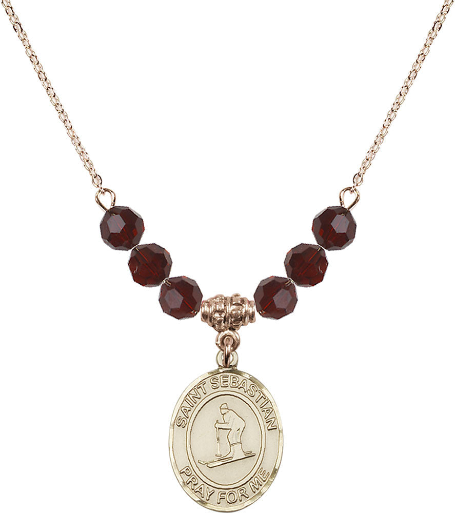 14kt Gold Filled Saint Sebastian/Skiing Birthstone Necklace with Garnet Beads - 8169