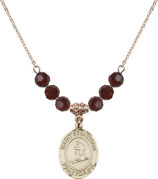 14kt Gold Filled Saint Sebastian/Skiing Birthstone Necklace with Garnet Beads - 8169