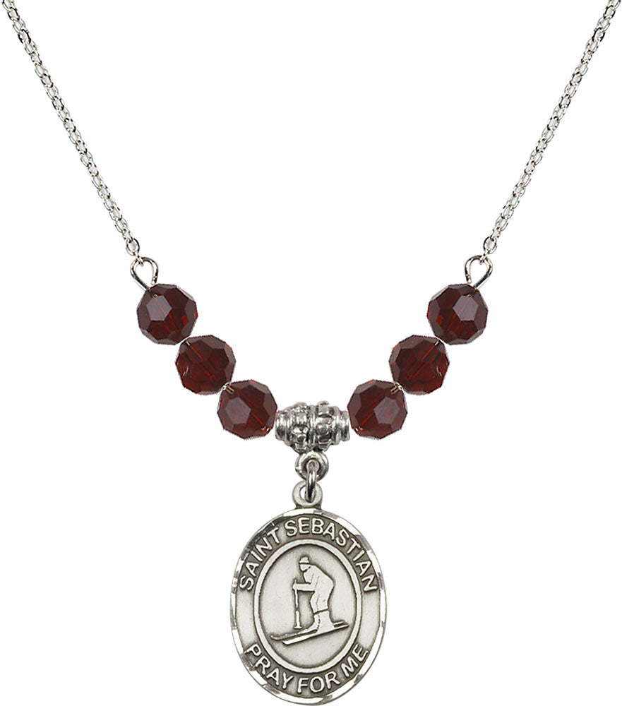 Sterling Silver Saint Sebastian/Skiing Birthstone Necklace with Garnet Beads - 8169