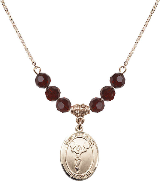 14kt Gold Filled Saint Sebastian/Cheerleading Birthstone Necklace with Garnet Beads - 8170