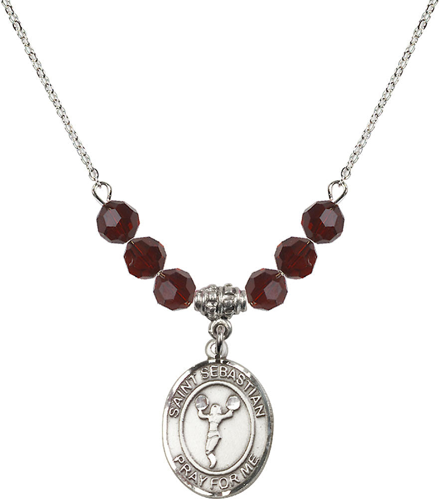 Sterling Silver Saint Sebastian/Cheerleading Birthstone Necklace with Garnet Beads - 8170