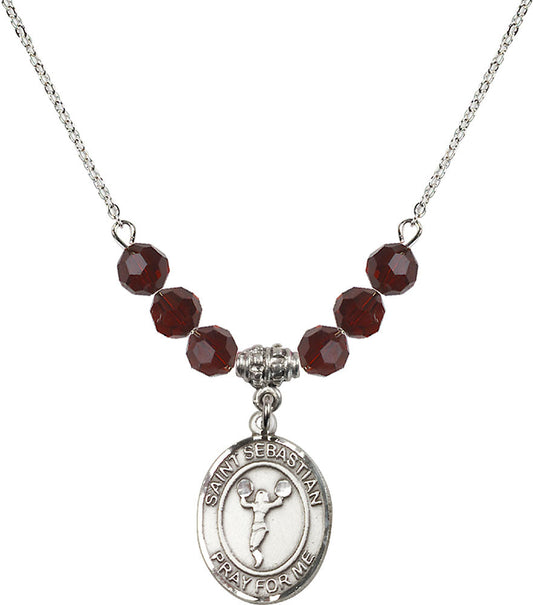 Sterling Silver Saint Sebastian/Cheerleading Birthstone Necklace with Garnet Beads - 8170