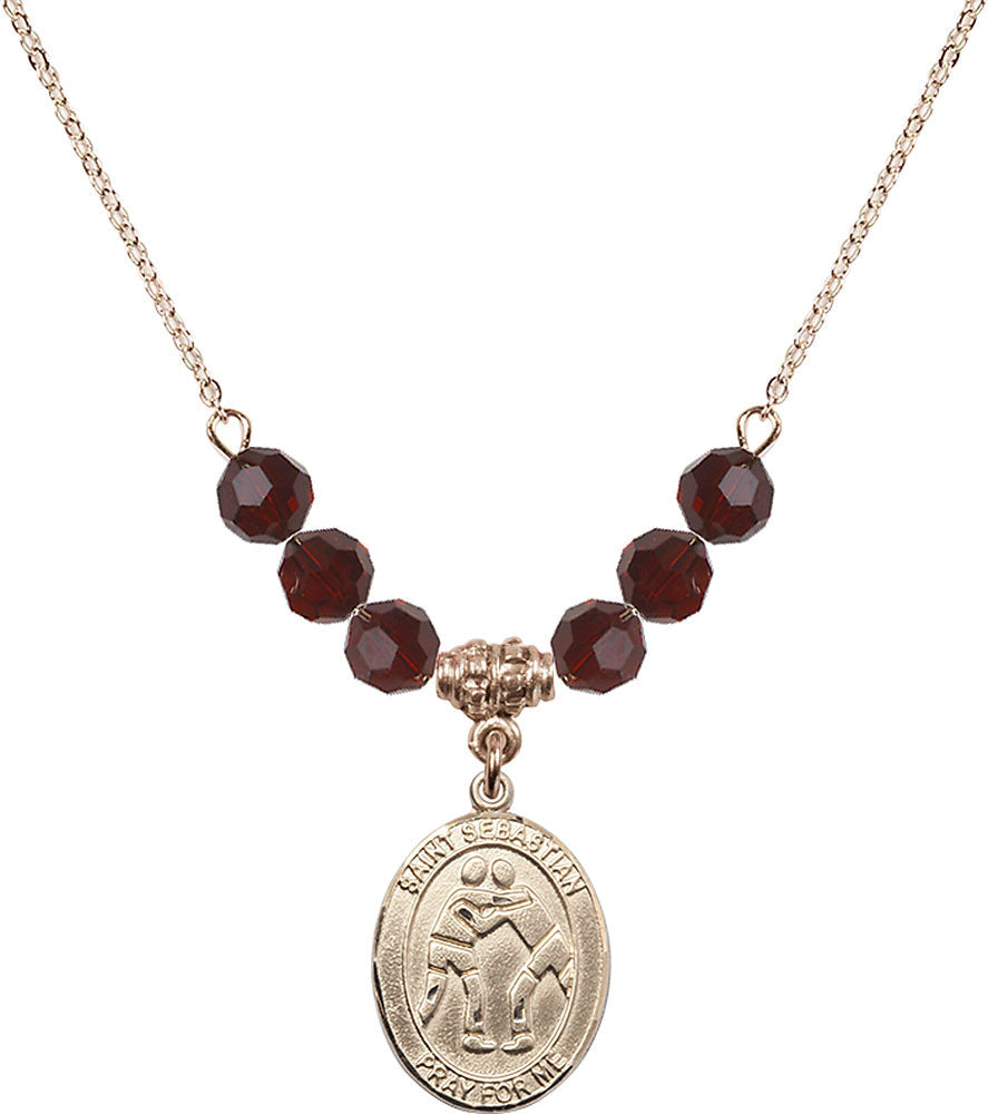 14kt Gold Filled Saint Sebastian/Wrestling Birthstone Necklace with Garnet Beads - 8171