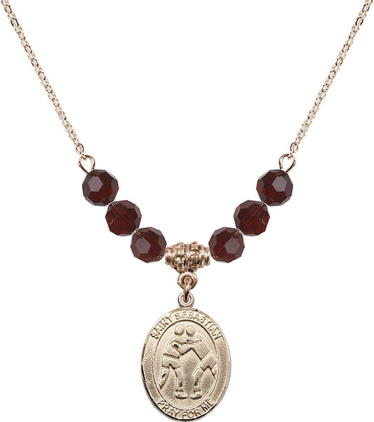 14kt Gold Filled Saint Sebastian/Wrestling Birthstone Necklace with Garnet Beads - 8171