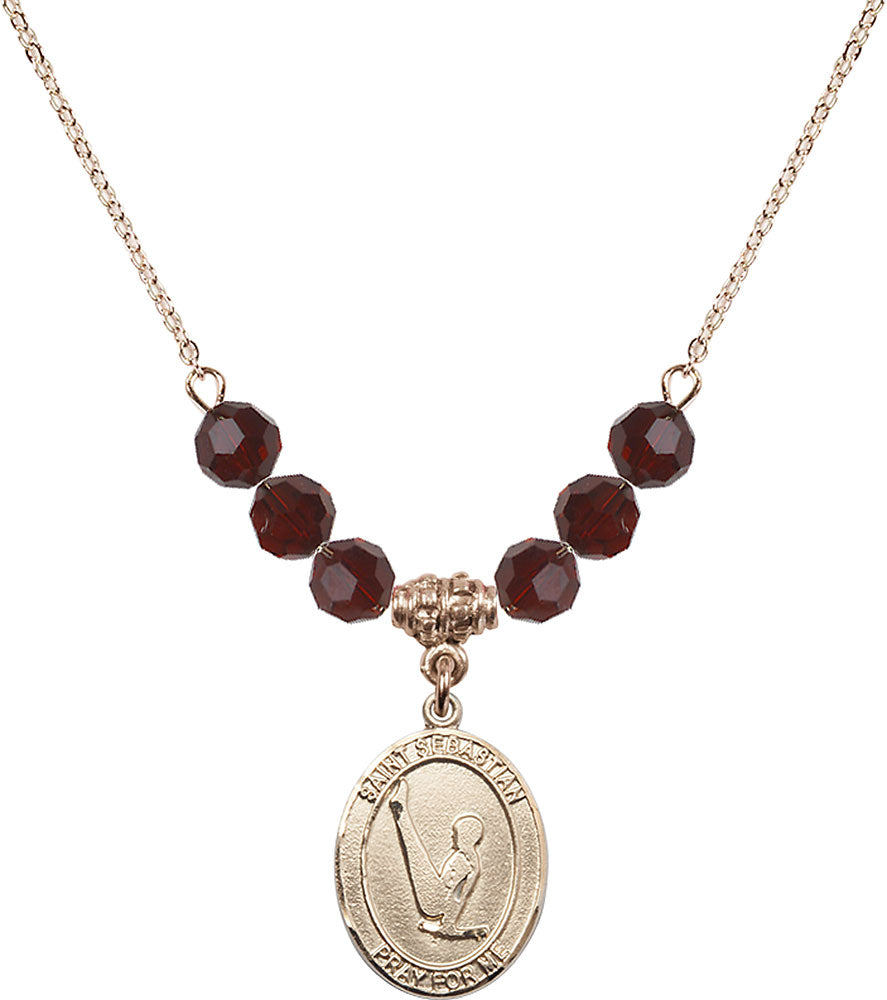 14kt Gold Filled Saint Sebastian/Gymnastics Birthstone Necklace with Garnet Beads - 8172