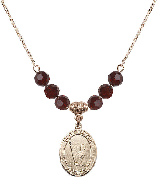 14kt Gold Filled Saint Sebastian/Gymnastics Birthstone Necklace with Garnet Beads - 8172