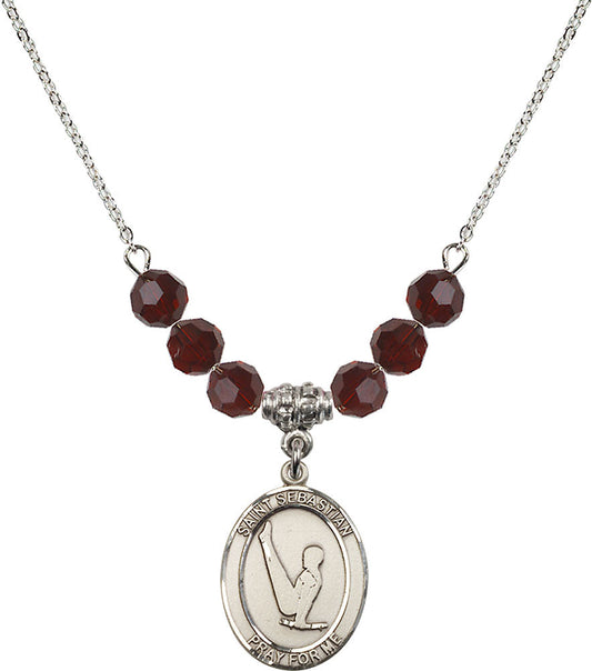 Sterling Silver Saint Sebastian/Gymnastics Birthstone Necklace with Garnet Beads - 8172